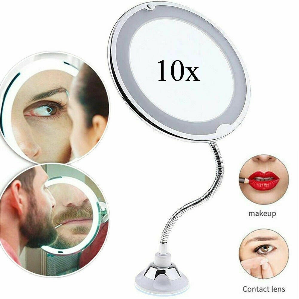 Trade Shop - Specchio Braccio Flessibile Make Up Luce Led Zoom Lente 10x Con Ventosa Bagno -