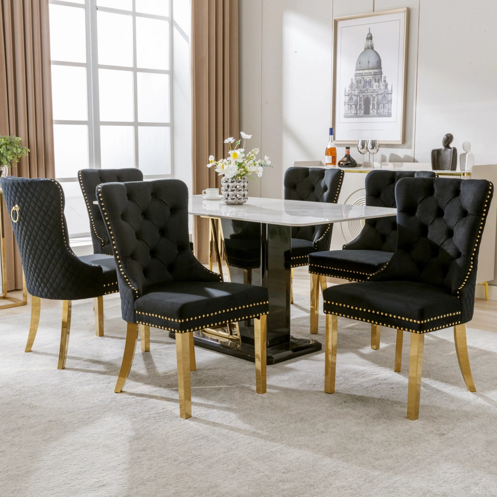 Sedia da Pranzo Imbottita in Velluto ¨C Xylo ¨C Nero/Oro, Schienale con Anello, Gambe in Acciaio Dorato, Set 6