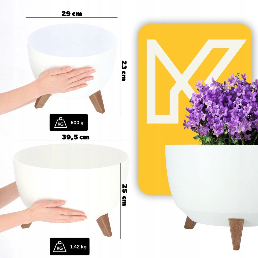 Vaso da fiori KADAX, fioriera, coperchio, gambe, inserto, supporto per fiori, 29+40 cm, ciotola bianca, 2 pezzi.