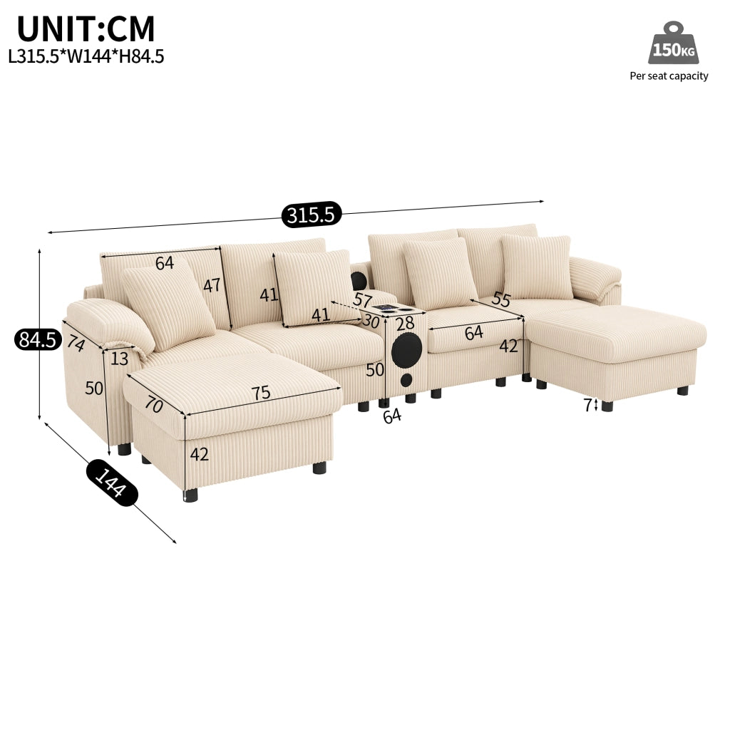 Divano modulare a U e a L - con console Bluetooth e porta bicchieri - in cord beige