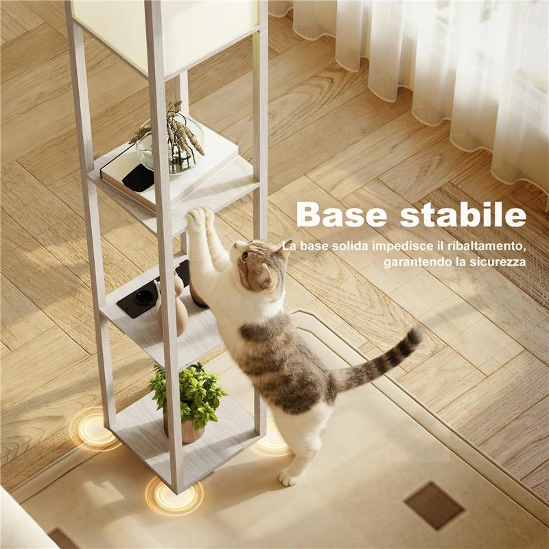 LAMPADA DA TERRA CON RIPIANI, LUCE REGOLABILE, INTERRUTTORE A PEDALE E PORTE USB, BIANCO E ROVERE