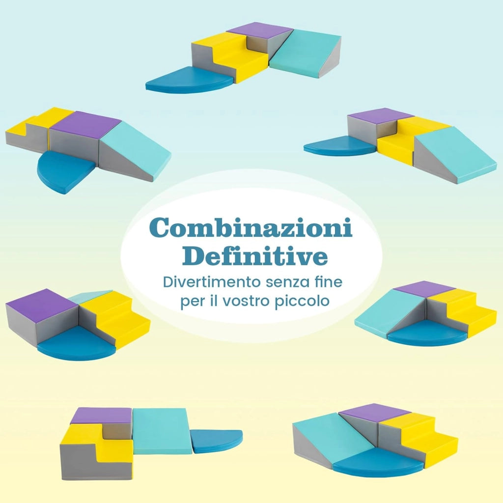 Set di Blocchi in Schiuma per Bambini 4 Pezzi, Set di Costruzioni Morbide in PU + EPE per Sviluppo dei Bambini, Gioco Attivo Interno per Arrampicarsi e Gattonare (Blu)