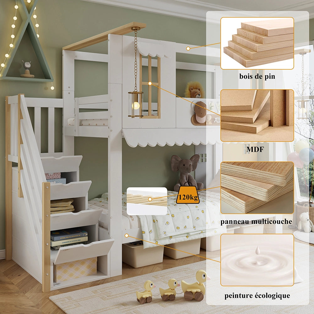 Letto a castello decorabile - Xylo - 90x200cm bianco/naturale, finestre