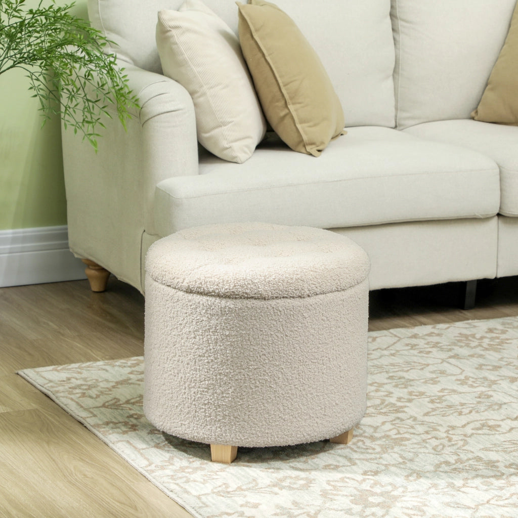 Pouf rotondo con contenitore e coperchio ¨C Zephmum ¨C Gambe in legno, crema