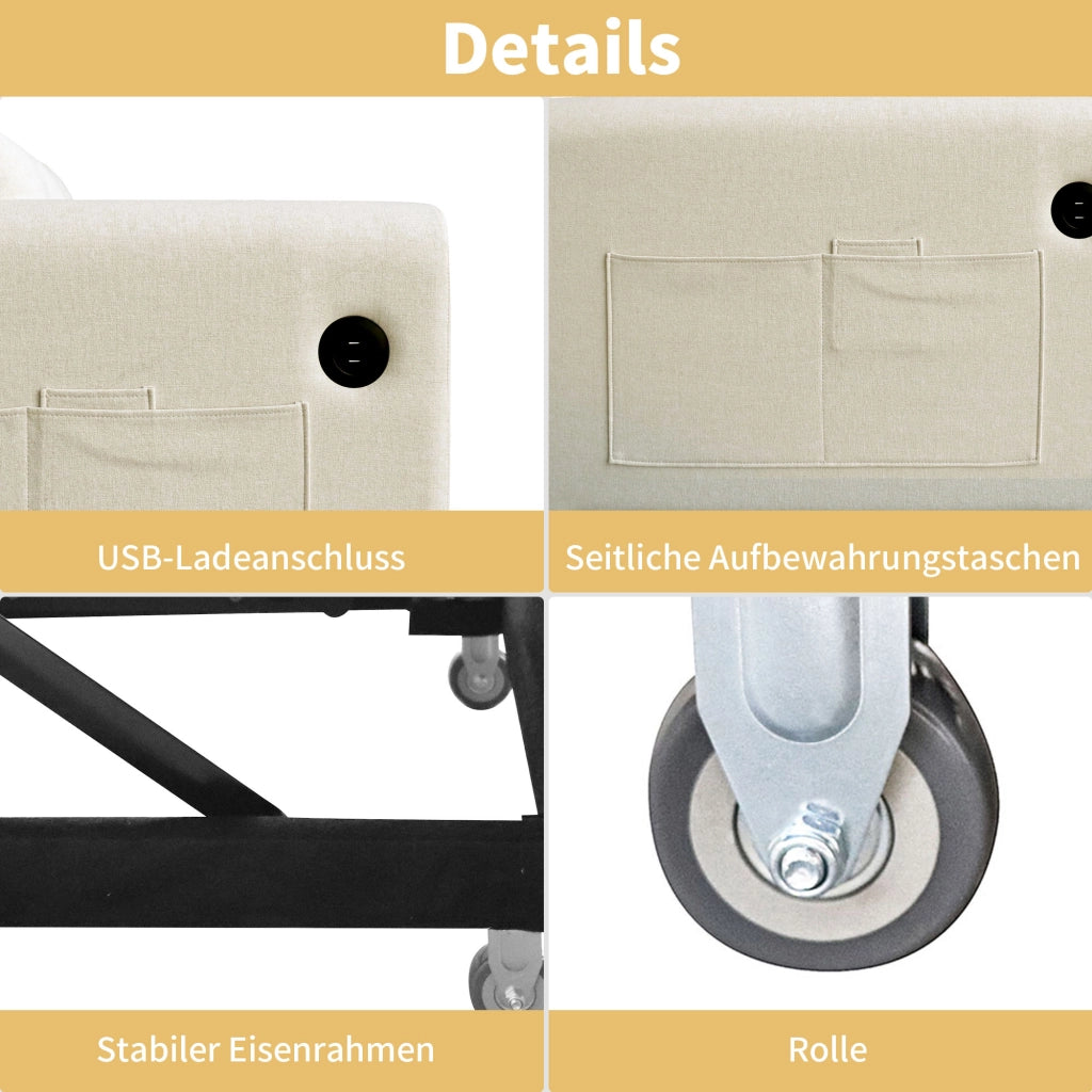 Divano letto 3 in 1 con schienale regolabile; USB e tasche laterali in cotone e lino beige