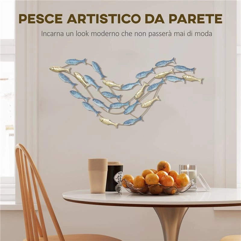 WALL ART BANCO DI PESCI IN METALLO CON VITI INCLUSE, 99.7X3.8X50.2 CM, ORO E BLU