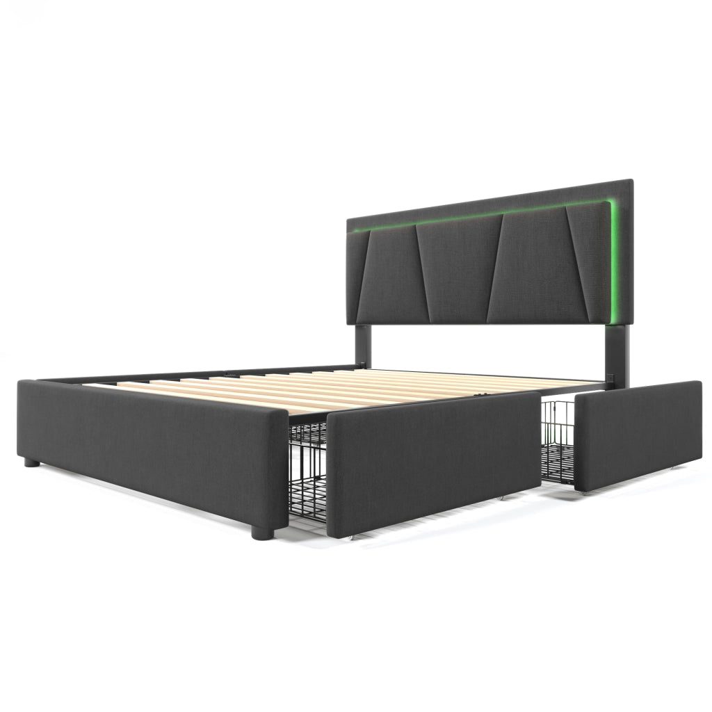 Letto Imbottito con LED e Cassetti ¨C MINIMAL ¨C Grigio, Testiera Regolabile, 140x200