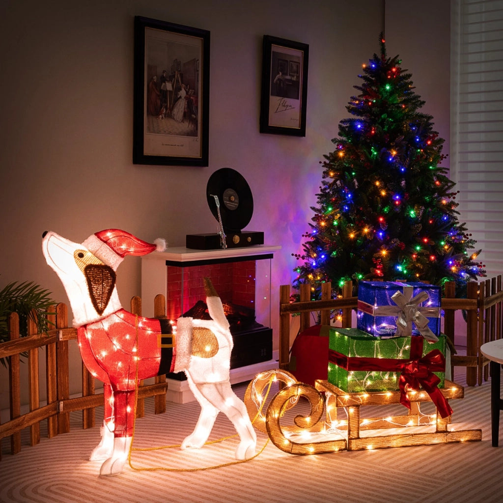 Decorazioni natalizie illuminate con cane slitta luci LED e scatole regalo, Decorazione festosa 78x21x82cm
