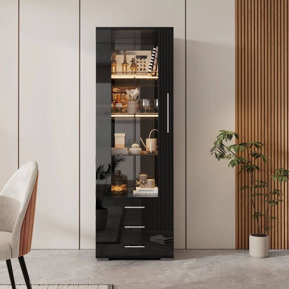 Vetrina con LED ¨C MINIMAL ¨C Nero Lucido, 3 Cassetti, 60x35x180 cm