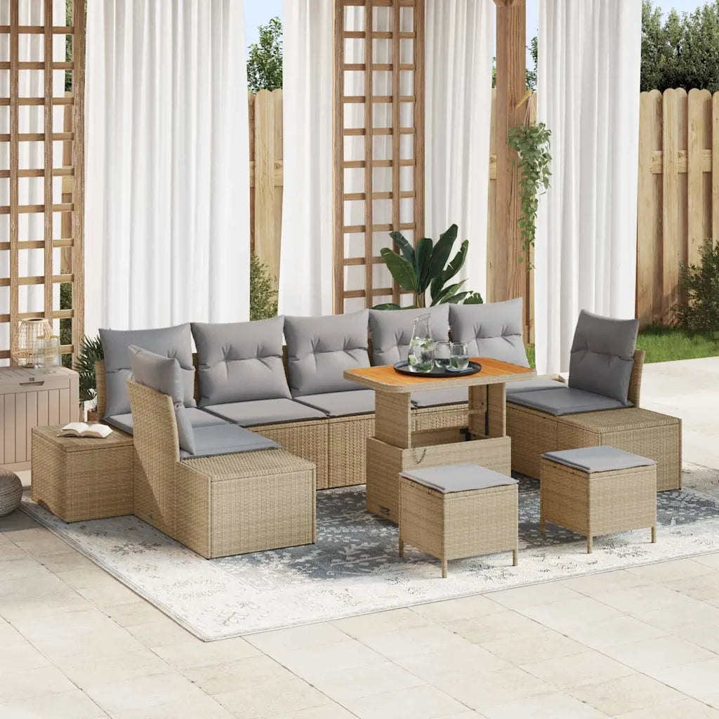 Set Divano da Giardino con cuscino 10 pcs Beige polyrattan