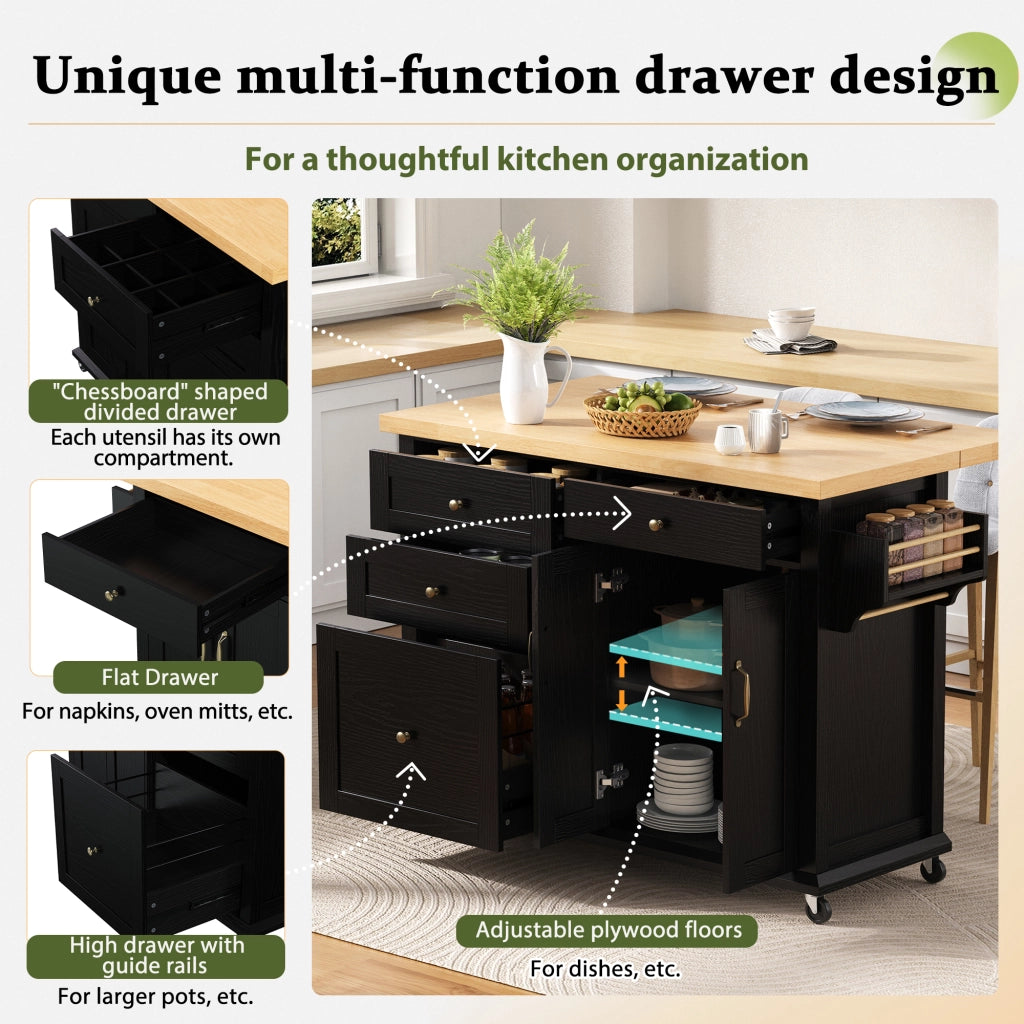 Isola Cucina Mobile con Tavolo Allungabile e Cassetti ¨C MINIMAL ¨C Nero