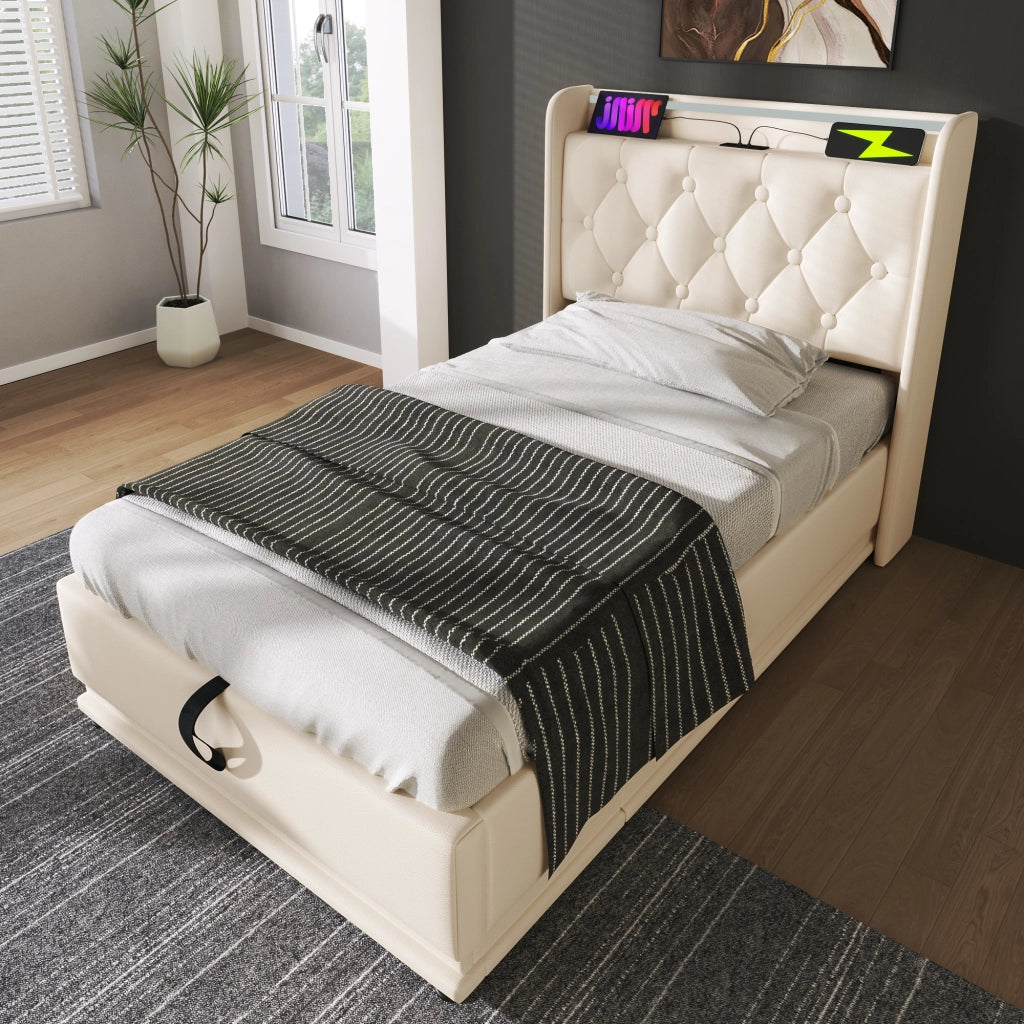 DESMIU Letto singolo 90 × 200 cm con contenitore, LED, USB e Type-C, con materasso, in PU, bianco