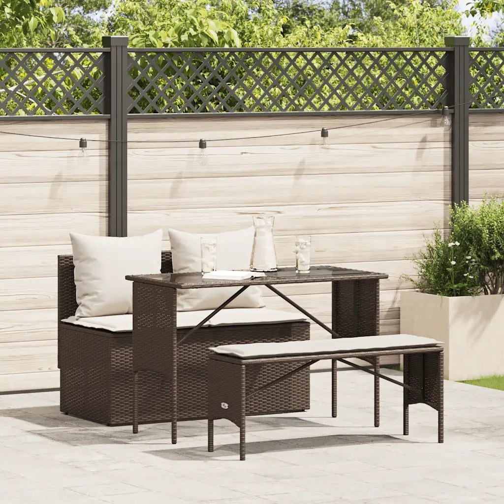 Set da Pranzo da Giardino 3pz con Cuscini in Polyrattan Marrone 4104182