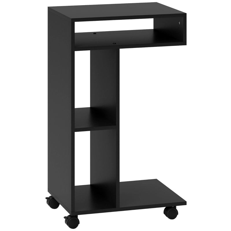 TAVOLINO LATERALE A C 40 x 30 x 69 cm Nero con 3 scomparti e ruote
