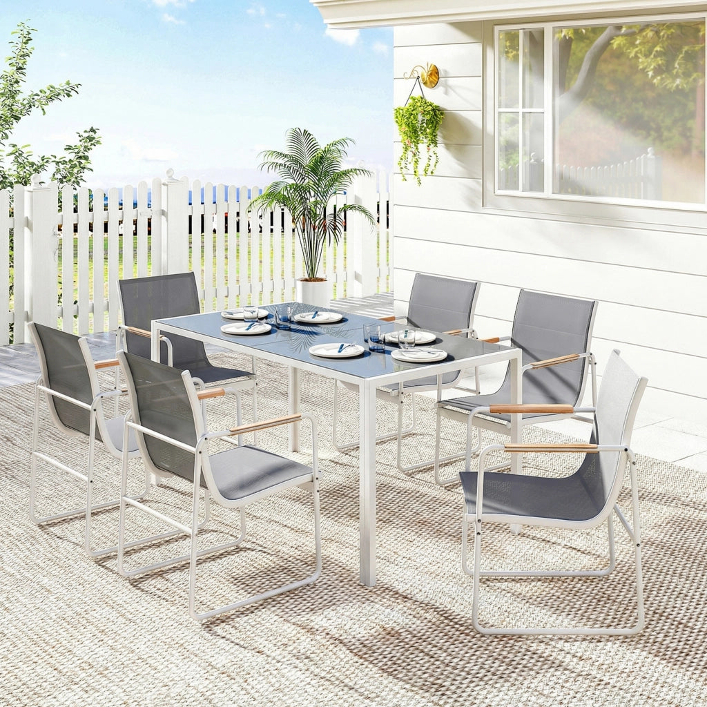 Set Tavolo da Pranzo e Sedie Giardino ¨C Xylo ¨C 6 Sedie Grigio Piano Vetro Temperato Bianco