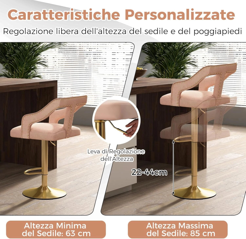Set 2 Sgabelli da Bar in Velluto, Sedie Girevole e Regolabile con Poggiapiedi, Schienali in Forma a T, Braccioli, Base in Metallo Elettroplaccata per Cucina ad Isola e Sala da Pranzo (Rosa)