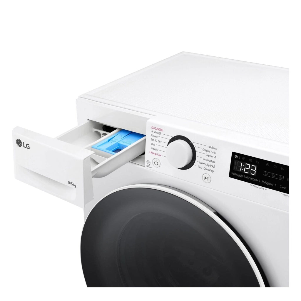 LG D2R5S09TSWW Lavasciuga slim 9/5kg AI DD, Classe E, 1200 giri, TurboWash 360, Vapore