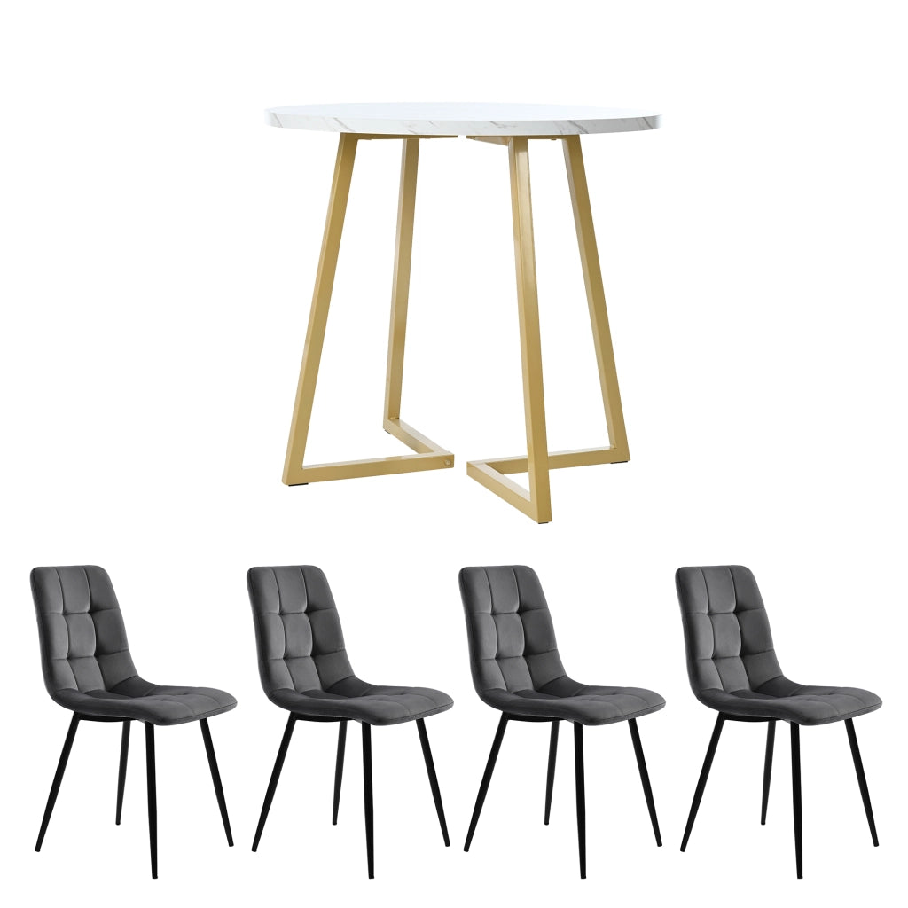 Set Tavolo da Pranzo Rotondo con 4 Sedie ¨C Xylo ¨C Piano MDF Bianco, Gambe Metallo Oro, Velluto Grigio, ?80 cm