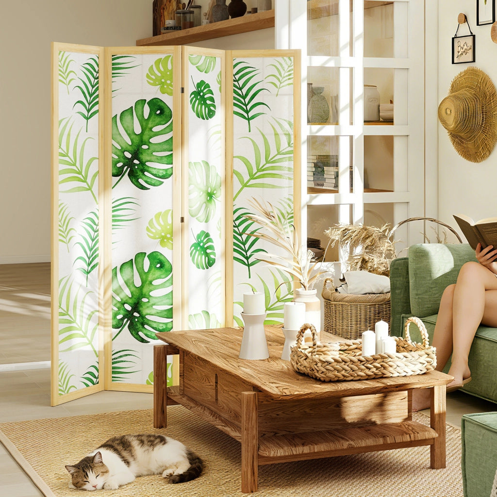 Paravento pieghevole 4 pannelli ¨C Xylo ¨C legno, design tropicale boho, verde