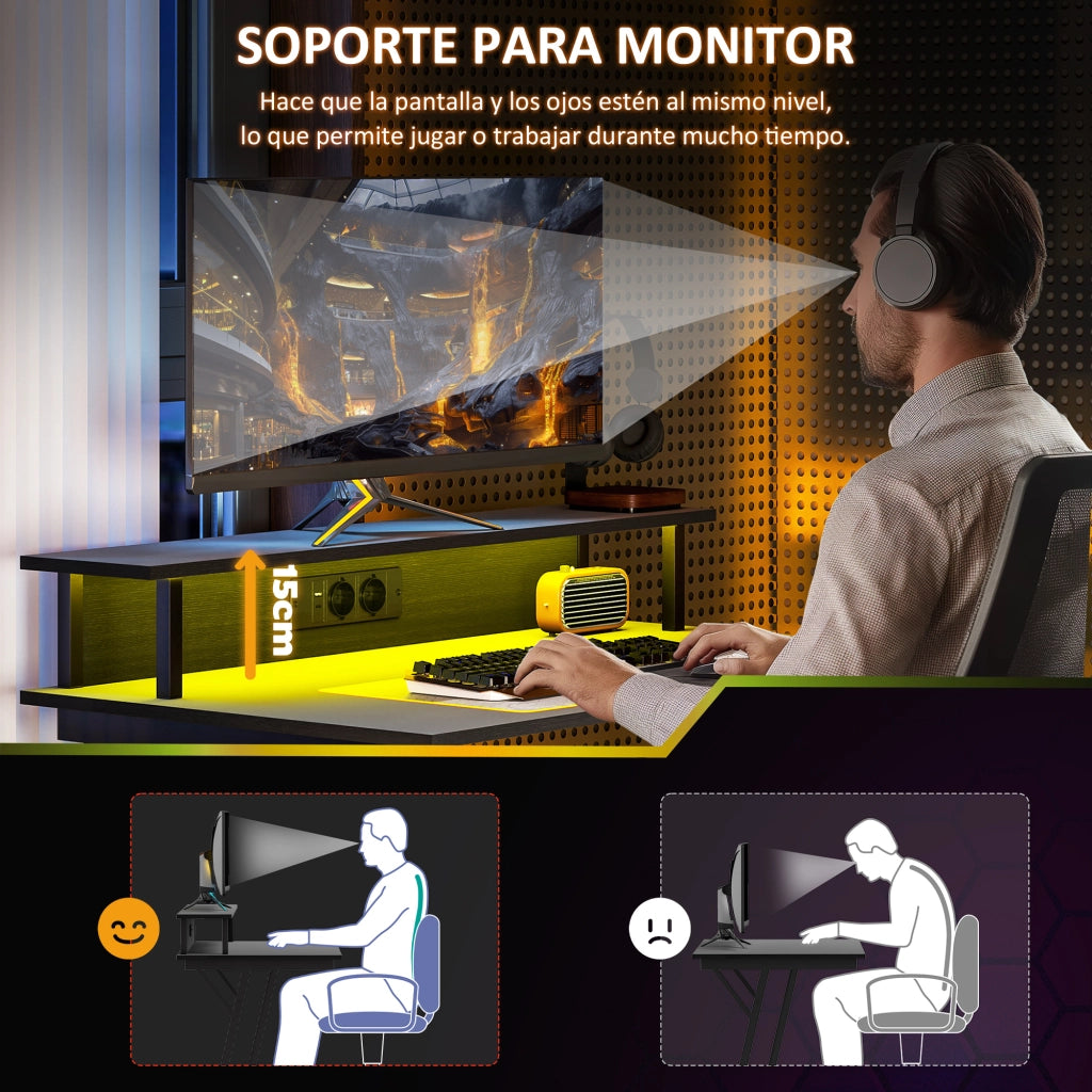 Scrivania Gaming con LED e Ripiani 100x60 cm ¨C Minimal ¨C Nero
