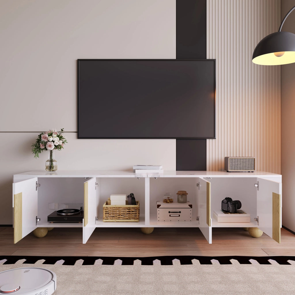 Cassettiera per TV bianca e legno; MDF e truciolare; lunghezza 180 cm
