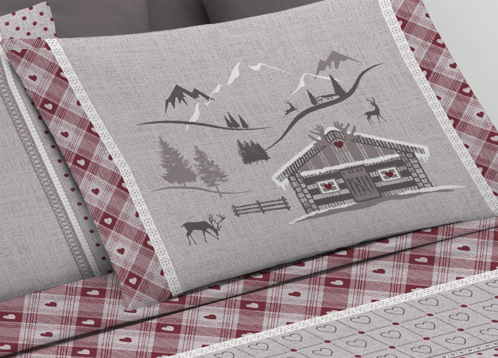 Completo Lenzuola Letto Pensieri Delicati 100% Cotone Dis.Chalet - Singolo - Rosso