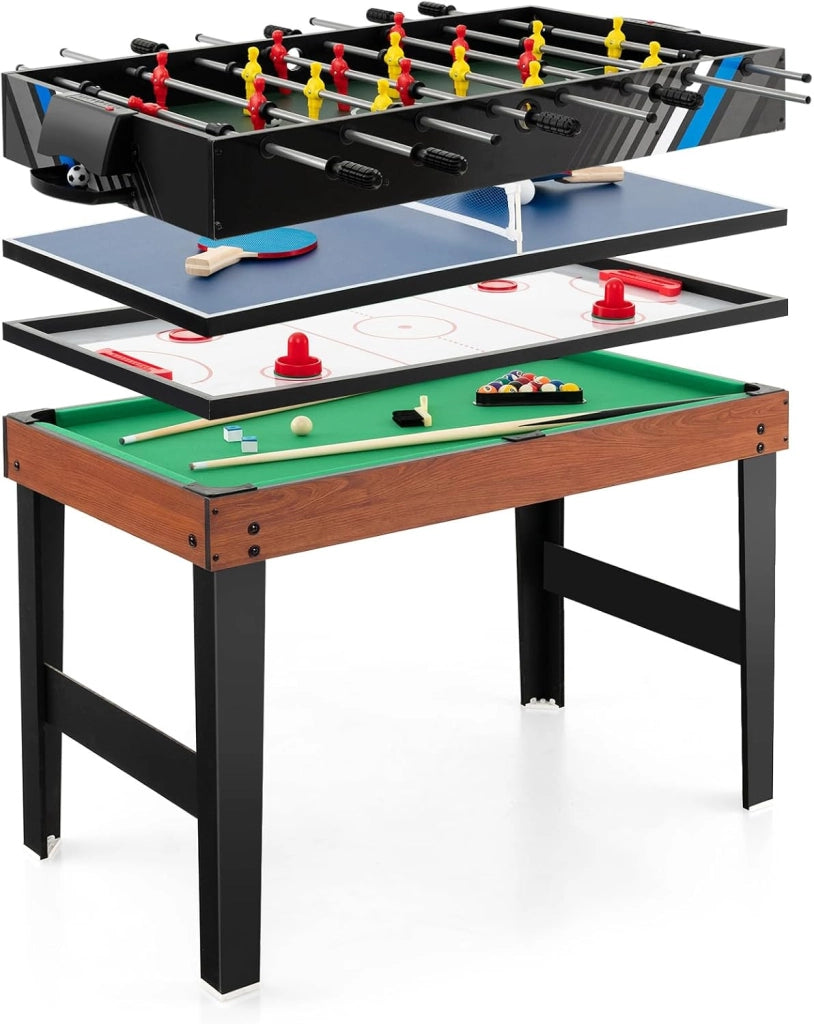 4 in 1 Tavolo Multigioco, Calcio Balilla/Tavolo da Biliardo/Ping Pong/Air Hockey, Calcetto Multigioco Impilabile per Casa Feste Bar, 125x97x83 cm