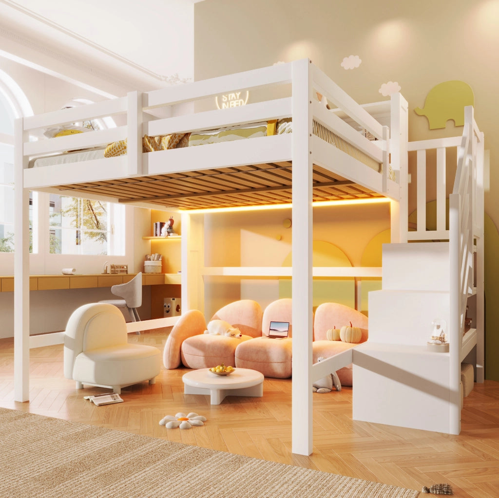 Letto a castello 140x200 cm con LED; scala con contenitore e protezioni; bianco