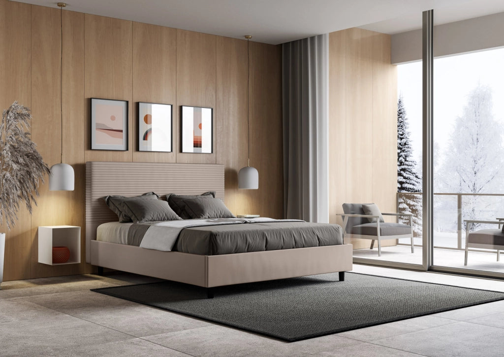 BS COM Letto matrimoniale francese contenitore imbottito 140x210 similpelle tortora