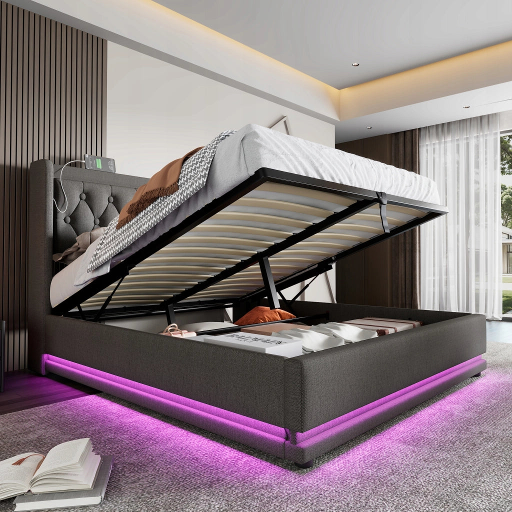 Letto imbottito 140x200 grigio - Xylo - Idraulico, LED, USB-C