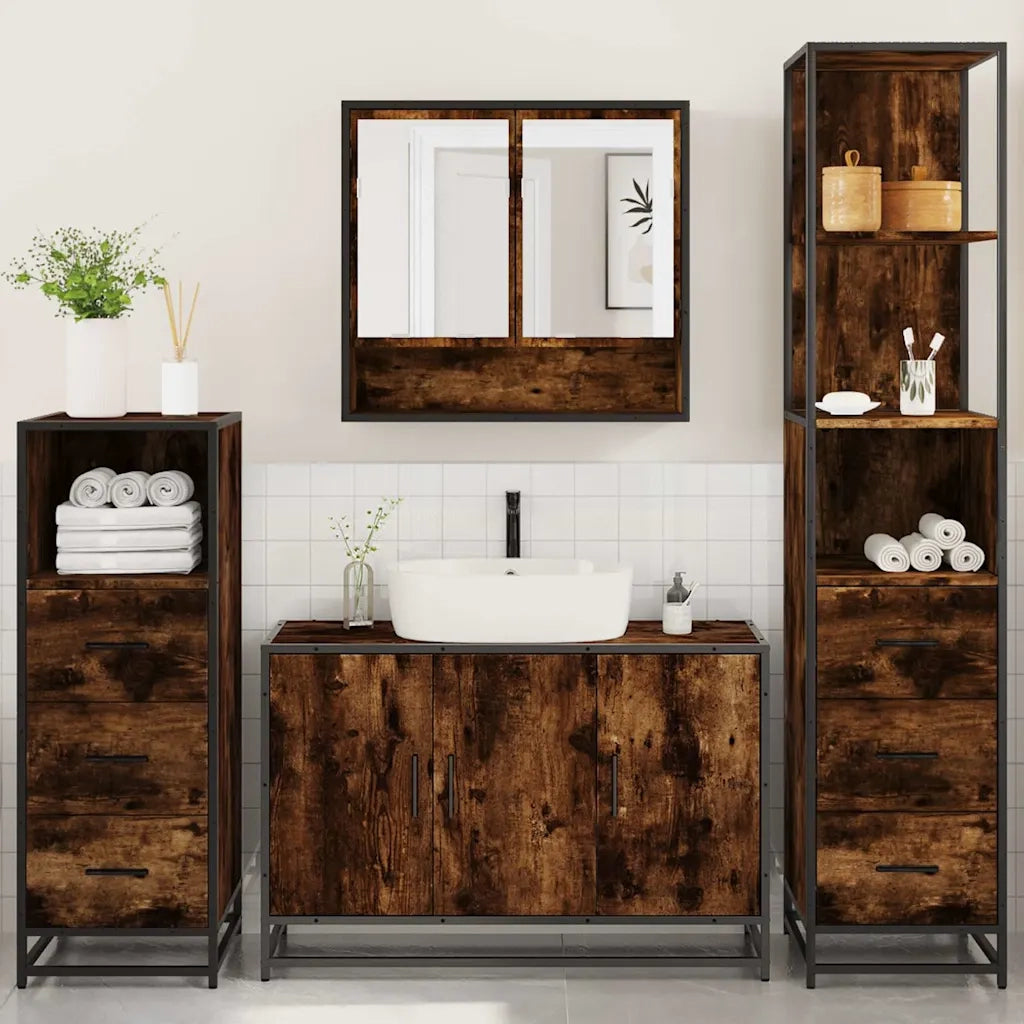 Set Mobili da Bagno | Armadio da bagno 4 pz Rovere Fumo in Legno Multistrato