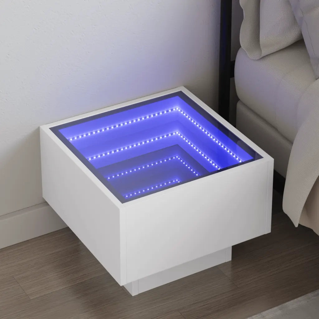 Comodino | Armadio da Notte | Mobiletto da notte con LED Infinity Bianco 40x40x30 cm