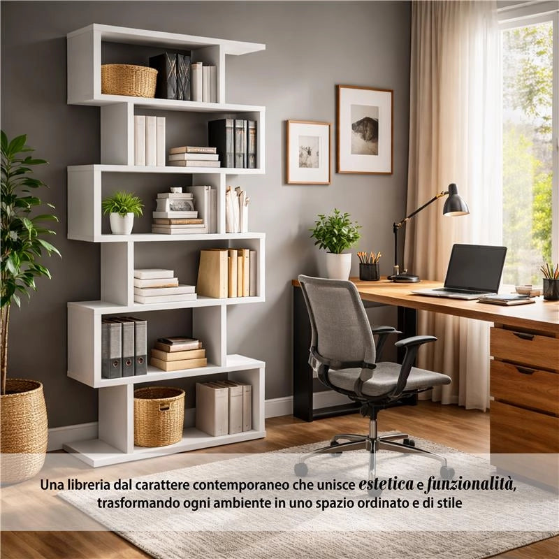 LIBRERIA ALANA CON 6 RIPIANI SFALSATI IN DESIGN MODERNO BIANCA