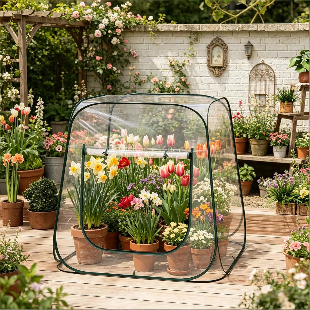 Serra da giardino pop up con apertura a zip a U in PVC trasparente e metallo pieghevole con borsa 97 × 100 × 100 cm