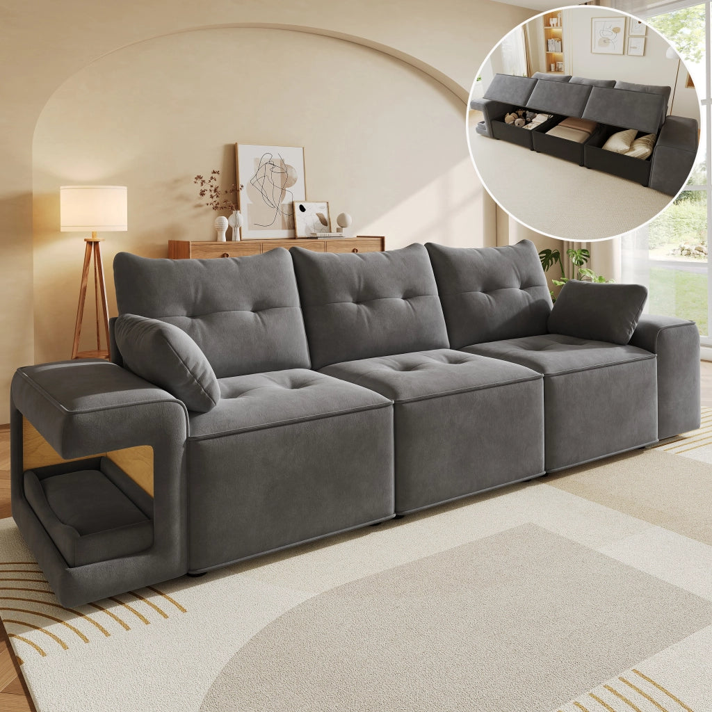 Divano 3 posti modulare con braccioli larghi e contenitore ¨C MINIMAL ¨C Grigio, tessuto, imbottito