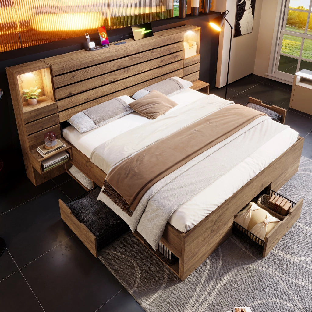 Letto legno 180x200 LED USB Type-C vano cassetti rovere