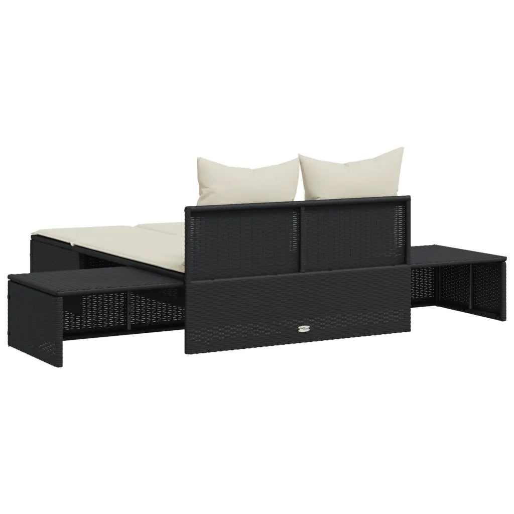Lettino Prendisole Doppio con Cuscini Nero in Polyrattan 368389