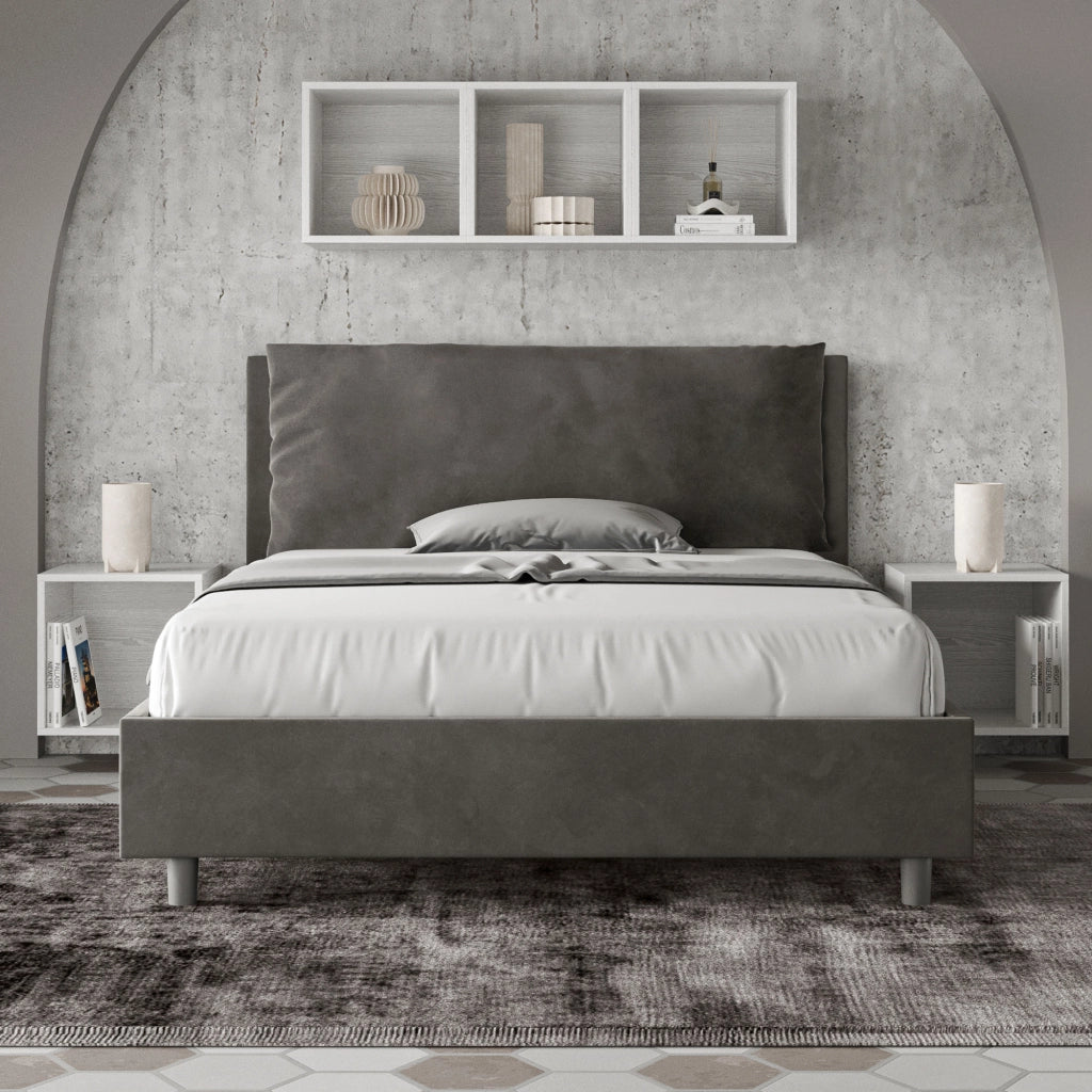 BS COM Letto matrimoniale francese senza rete imbottito 140x190 microfibra grigio Large
