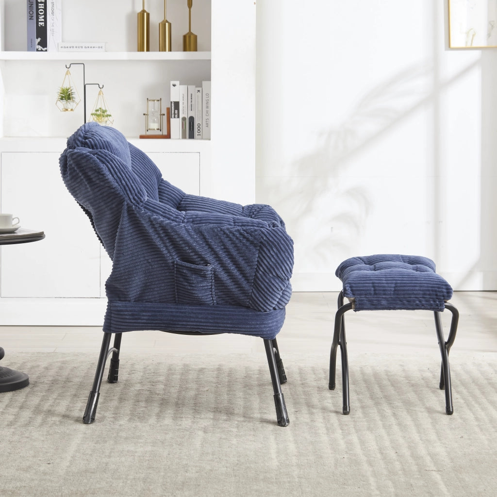 poltrona relax con pouf; tasca laterale e braccioli; in acciaio; blu navy
