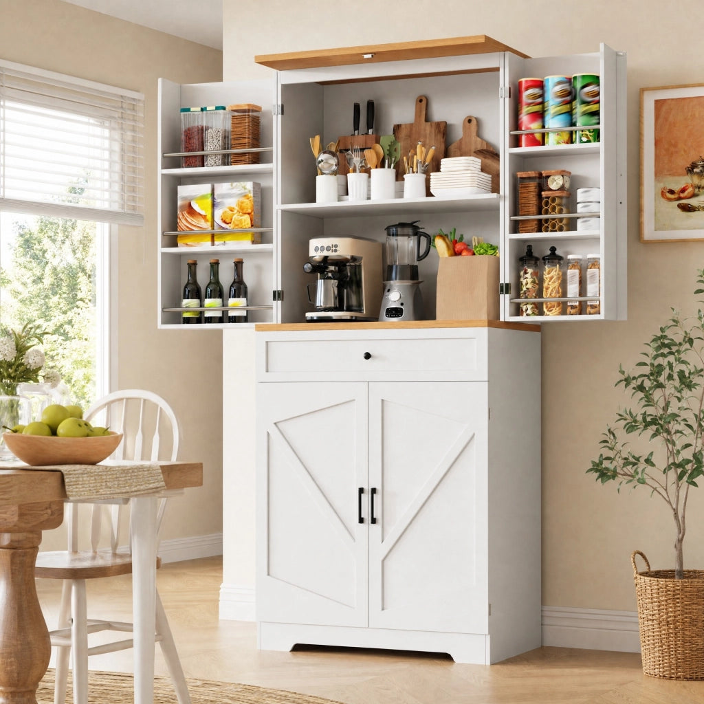 Credenza alta multiuso in MDF bianco 80x40x180 cm con cassetti e ripiani aperti