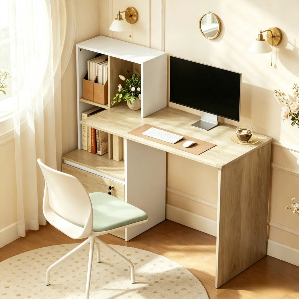 SCRIVANIA COMPUTER 126x50x109 cm con 4 vani e cassetto chiudibile Bianco e Rovere chiaro