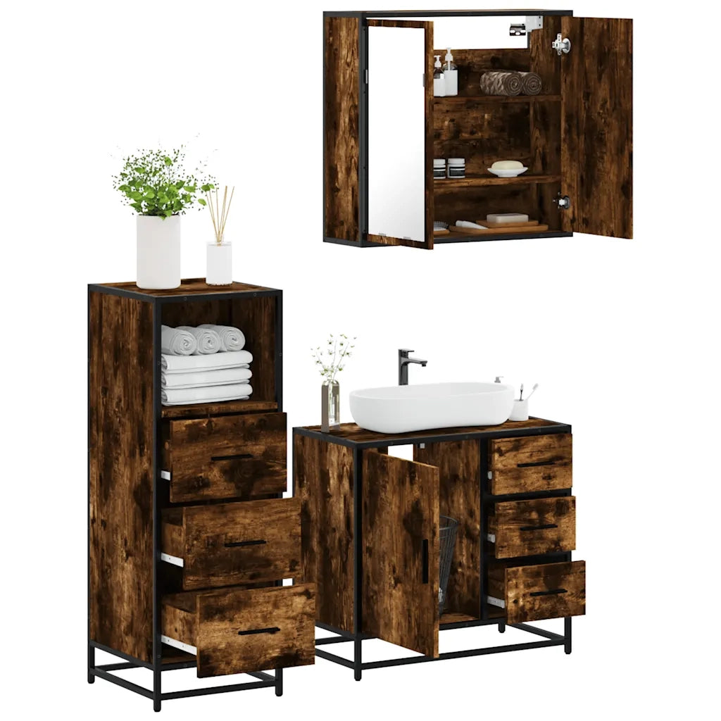 Set Mobili da Bagno | Armadio da bagno 3 pz Rovere Fumo in Legno Multistrato