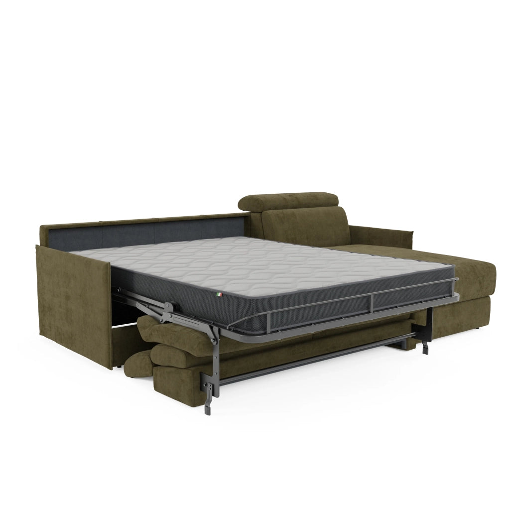 Miryam divano letto angolare compatto - poggiatesta reclinabili e penisola contenitore in tessuto smacchiabile T31 272 cm destro verde felce