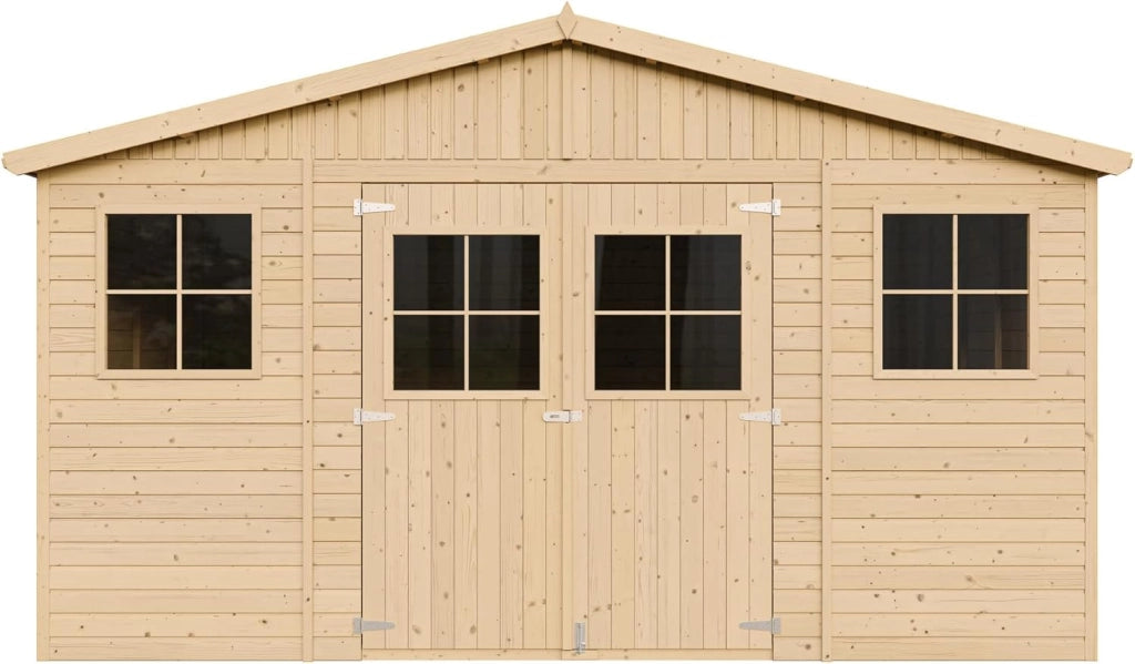 Casa da giardino in legno naturale Timbela M330+M330G CON PAVIMENTO IMPREGNATO H246x418x420 cm/16 m?²-