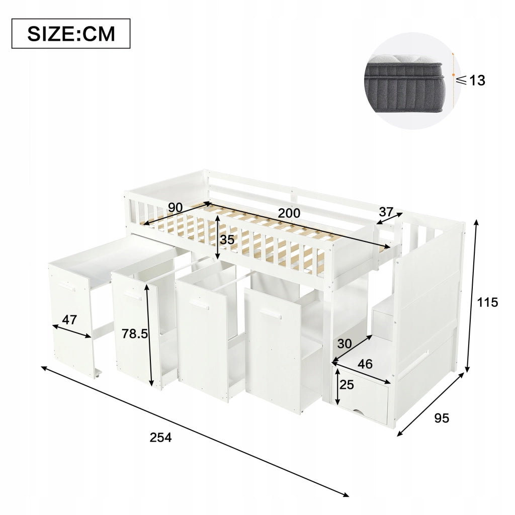 Letto a castello con scrivania e armadio - Xylo - 90x200 - Bianco