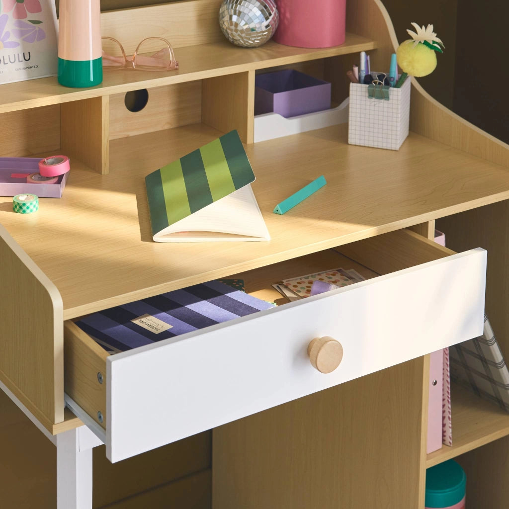 Scrivania per bambini con cassetto e ripiani, bianco e naturale