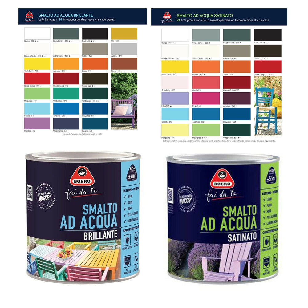 Smalto ad Acqua Brillante Satinato Inodore Ferro Legno Interno Esterno Boero Colori: Bianco Ghiaccio Satinato, Formato: 0,5 L