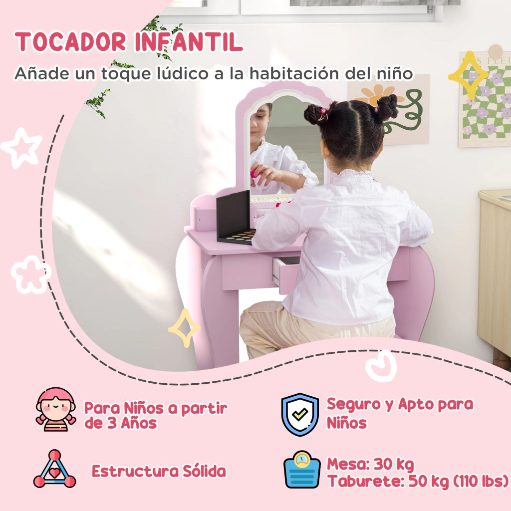 Toeletta Bambini con Specchio Sgabello Cassetto Forma Nuvola ¨C Xylo ¨C Rosa