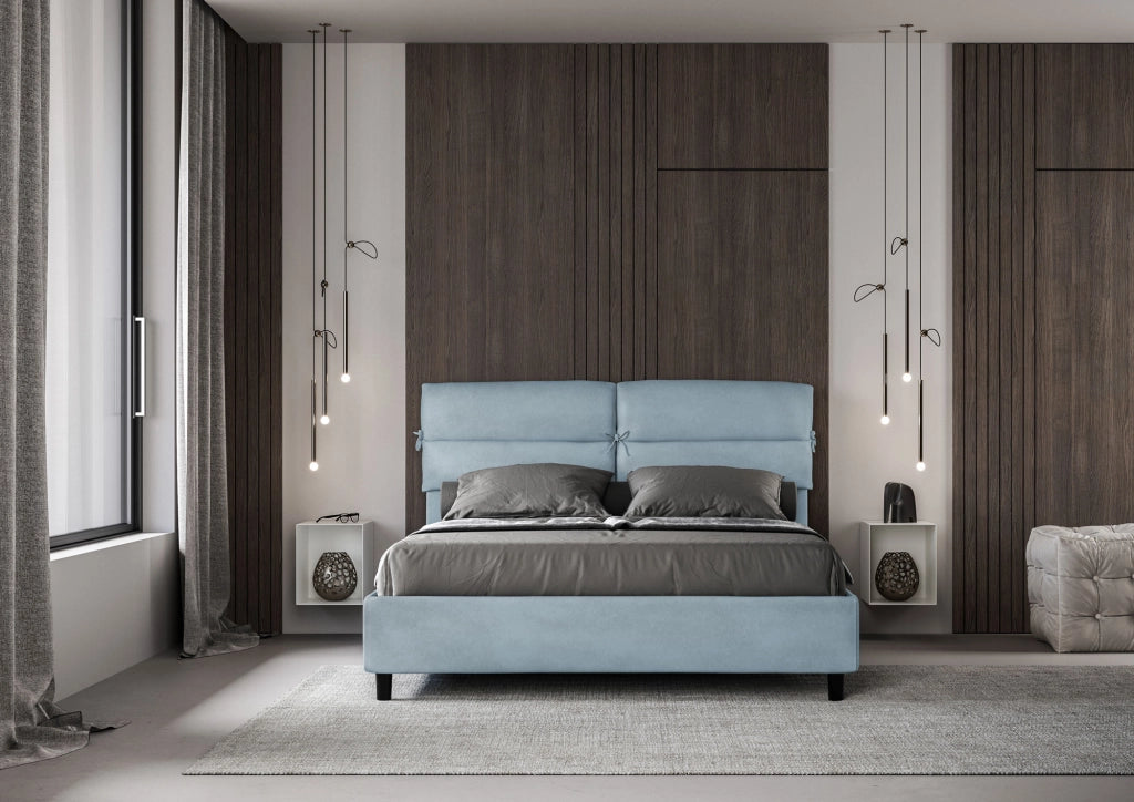 BS COM Letto matrimoniale con rete imbottito 160x210 microfibra azzurro
