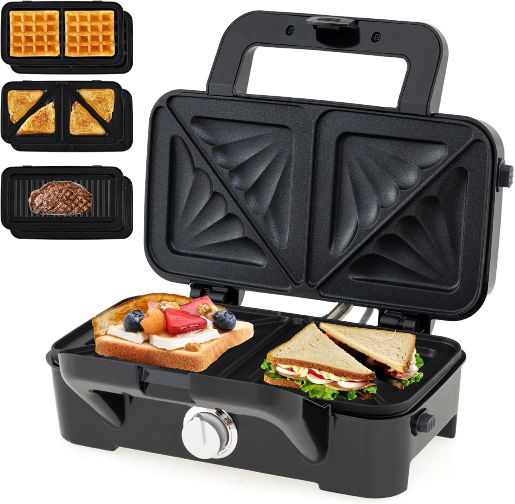 3 in 1 Tostapane Piastra, Griglia Elettrica Rimovibile 1200W, con Spie Indicatrici e Manico Cool Touch, Riscaldamento Bifacciale con 5 Livelli di Temperatura, Piastra Antiaderente, 29x31 cm